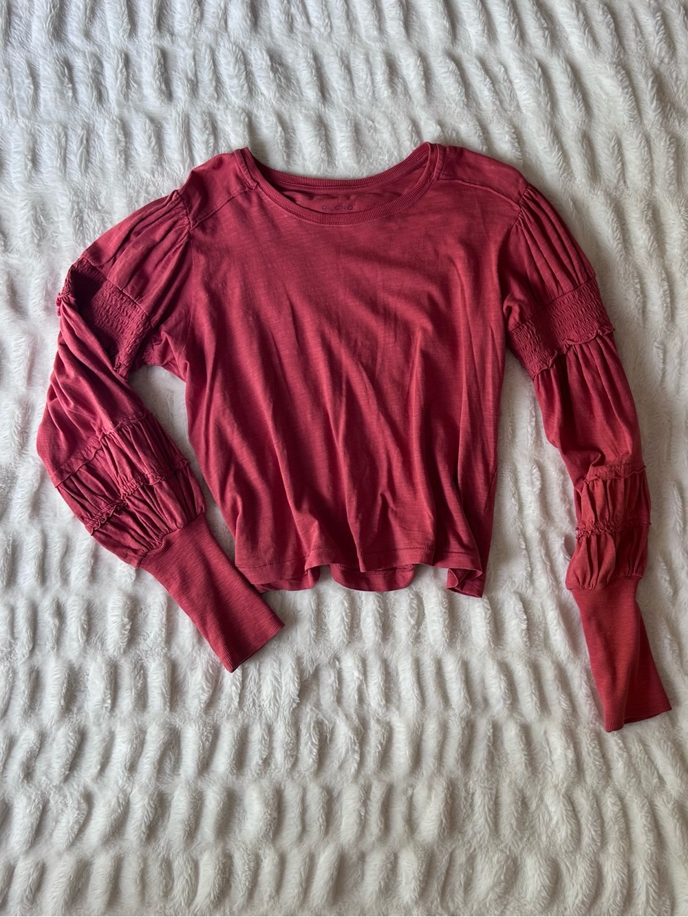 Pilcro (Anthropologie) Long-Sleeve Smocked Sleeve Tee in Deep Salmon Pink